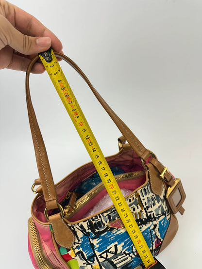 Prada multi-colour handbag featuring Venezia painting, leather and canvas material, vintage design.