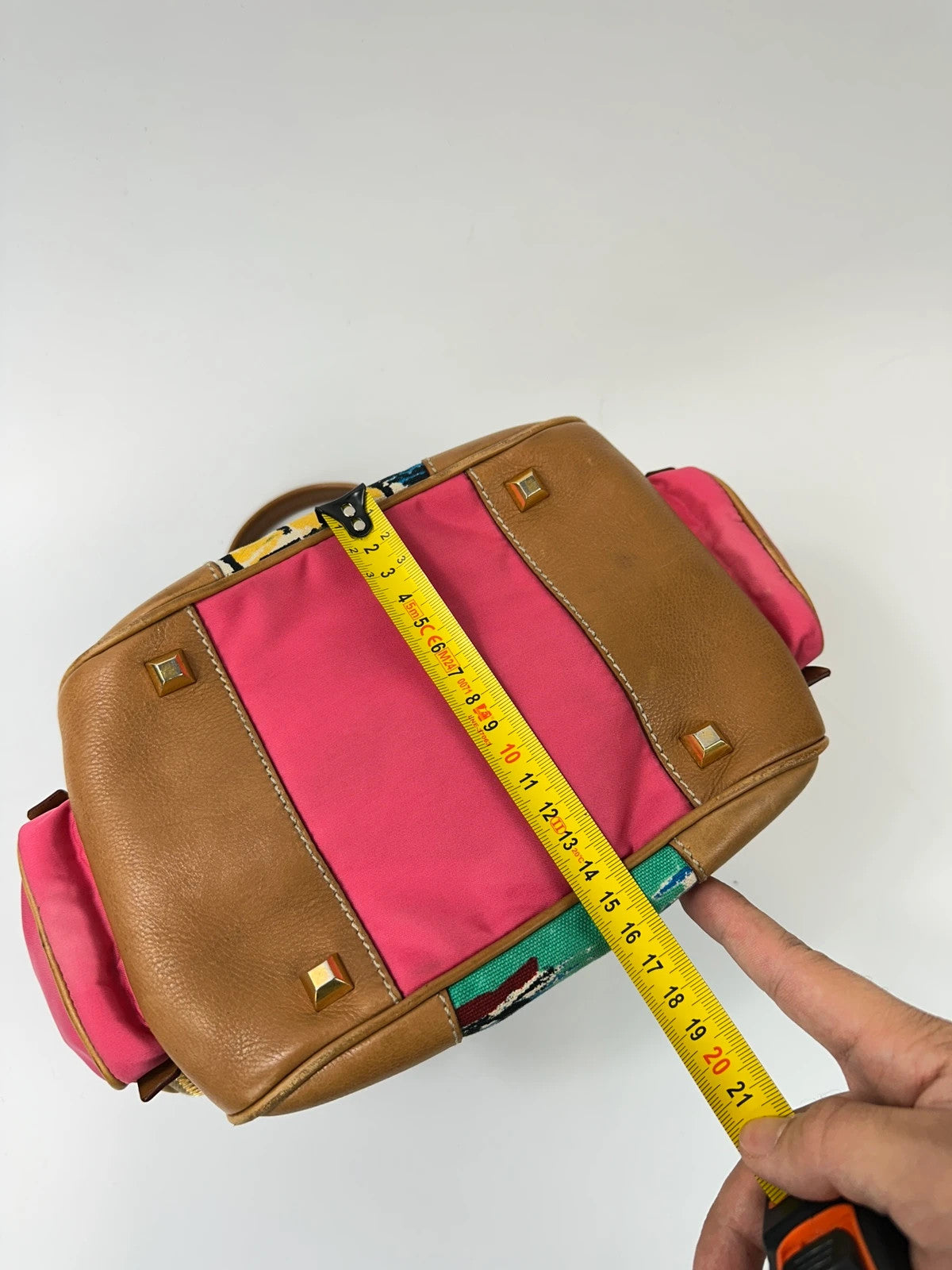 Prada multi-colour handbag featuring Venezia painting, leather and canvas material, vintage design.