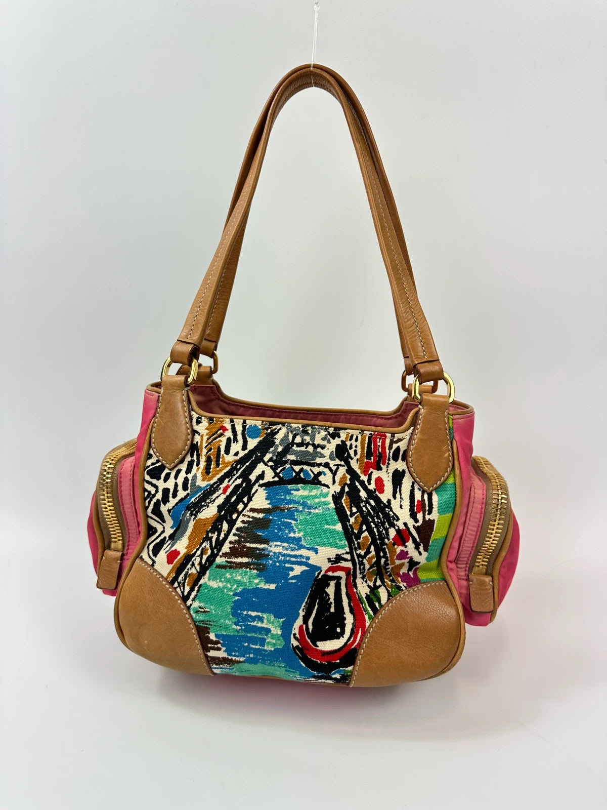 Prada multi-colour handbag featuring Venezia painting, leather and canvas material, vintage design.