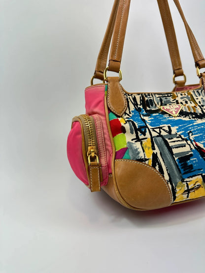 Prada multi-colour handbag featuring Venezia painting, leather and canvas material, vintage design.