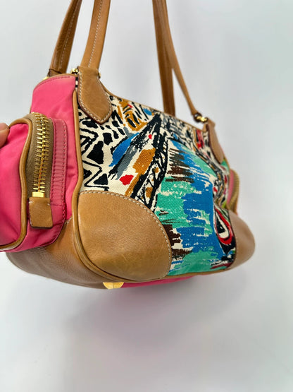 Prada multi-colour handbag featuring Venezia painting, leather and canvas material, vintage design.