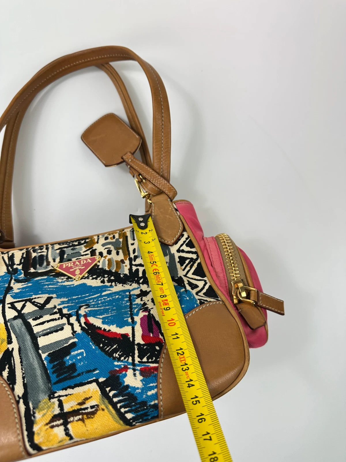 Prada multi-colour handbag featuring Venezia painting, leather and canvas material, vintage design.