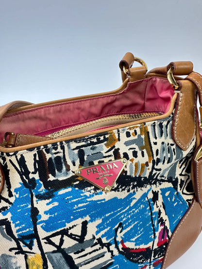 Prada multi-colour handbag featuring Venezia painting, leather and canvas material, vintage design.