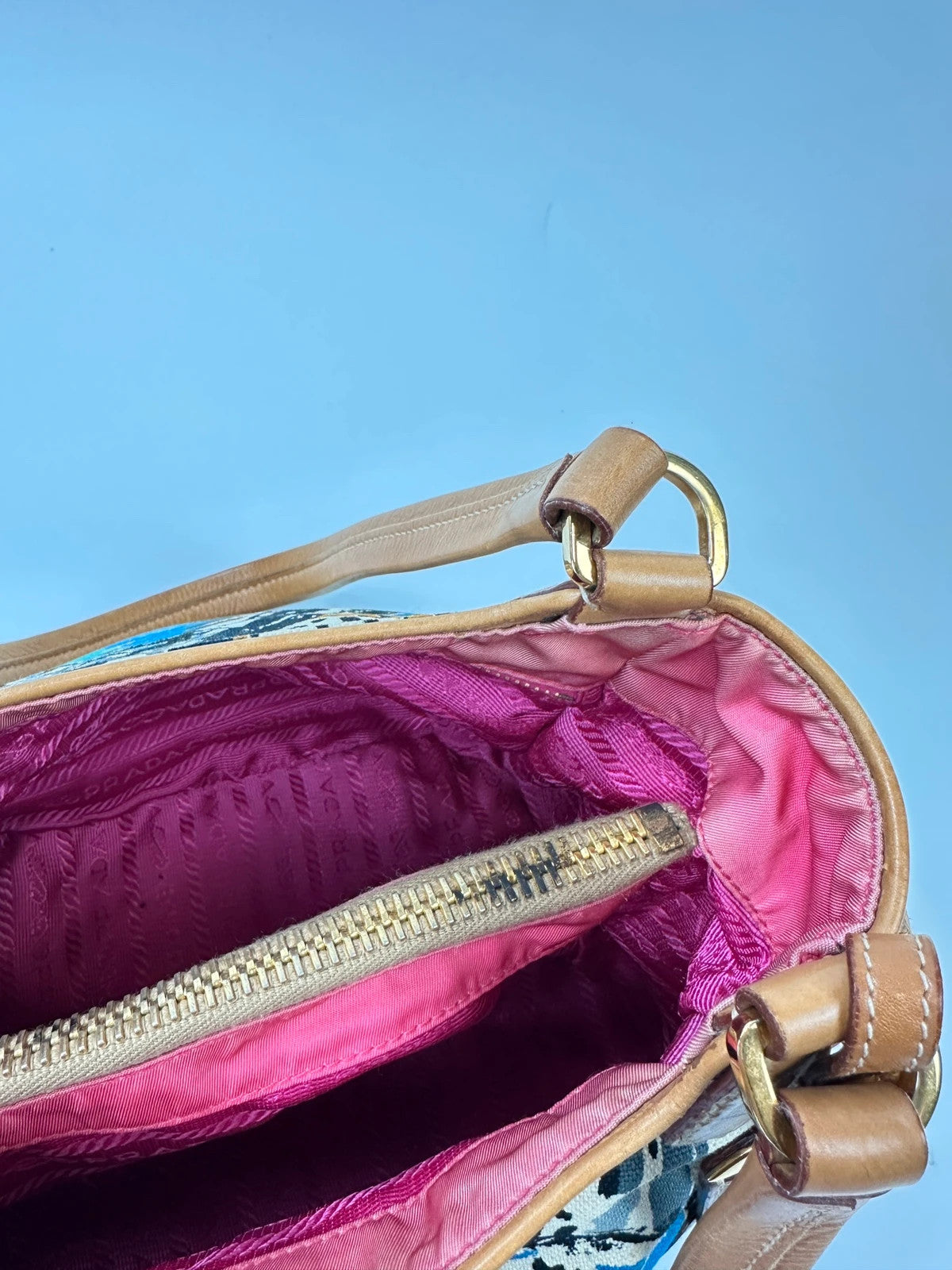 Prada multi-colour handbag featuring Venezia painting, leather and canvas material, vintage design.