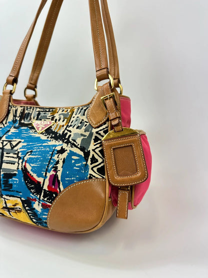 Prada multi-colour handbag featuring Venezia painting, leather and canvas material, vintage design.
