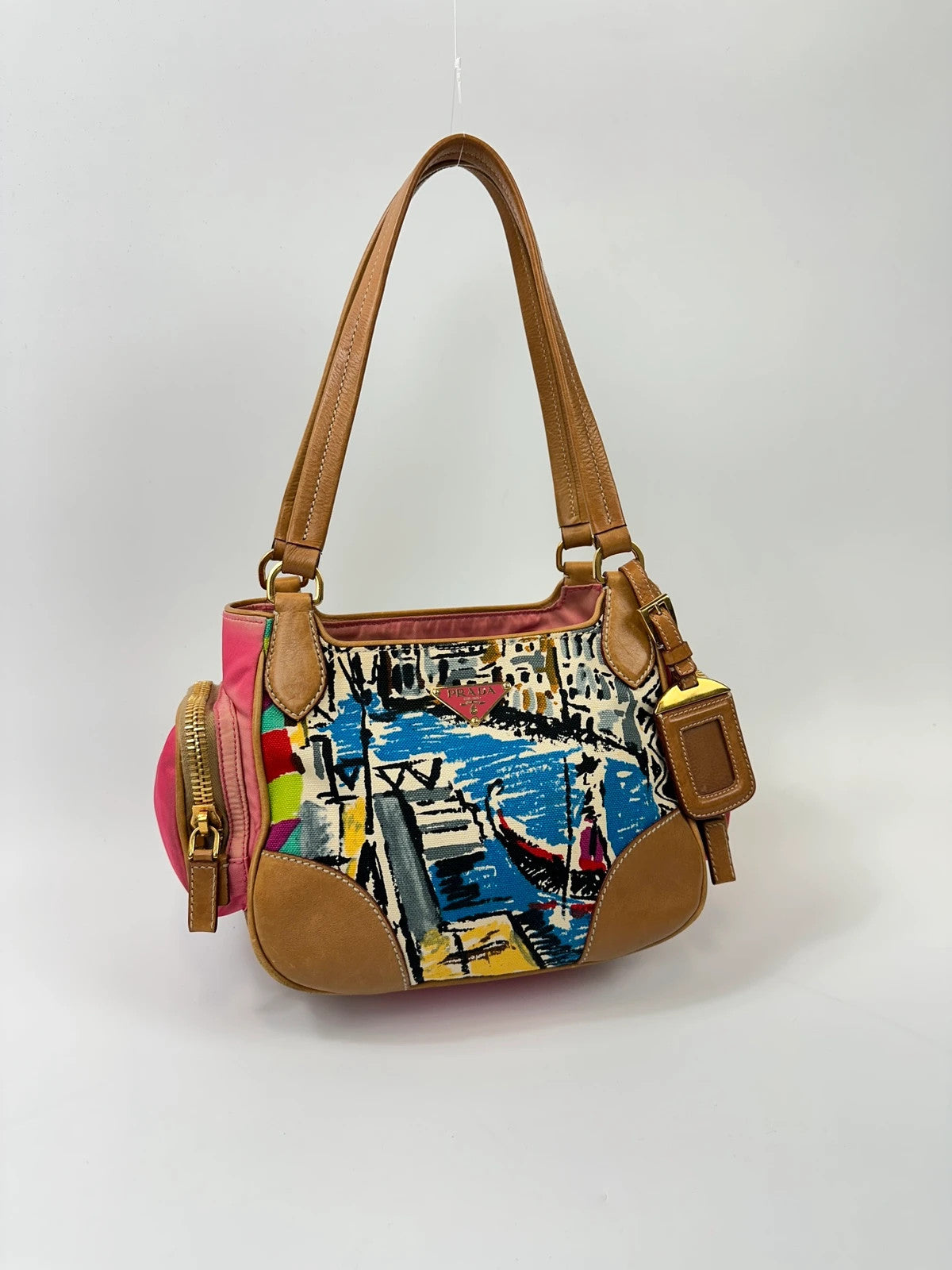 Prada multi-colour handbag featuring Venezia painting, leather and canvas material, vintage design.