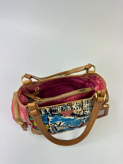 Prada multi-colour handbag featuring Venezia painting, leather and canvas material, vintage design.
