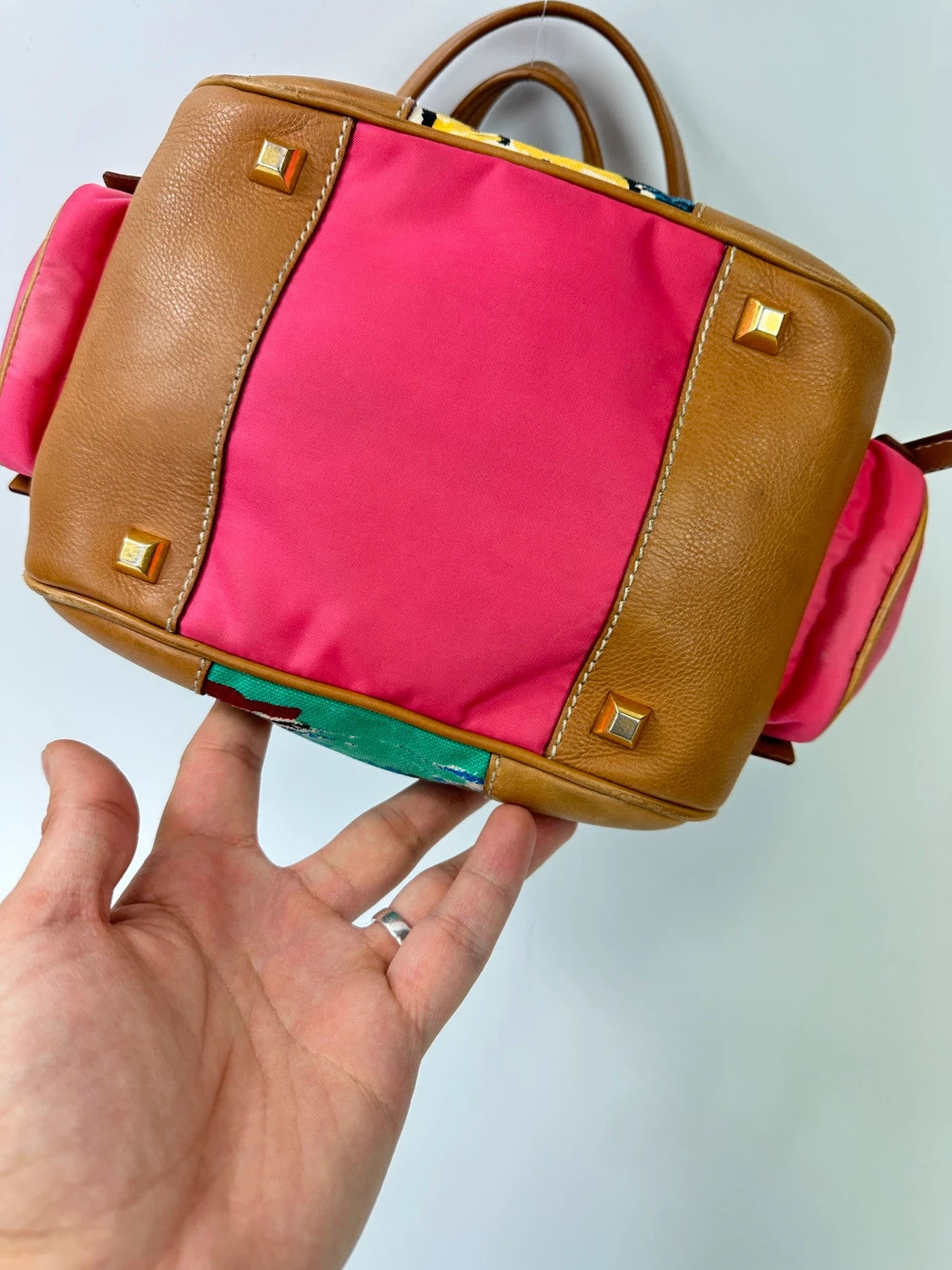 Prada multi-colour handbag featuring Venezia painting, leather and canvas material, vintage design.