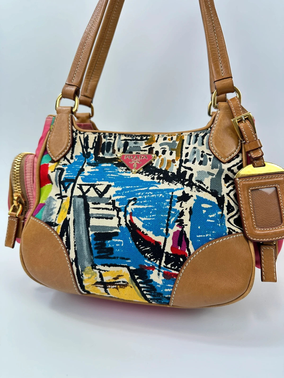 Prada multi-colour handbag featuring Venezia painting, leather and canvas material, vintage design.