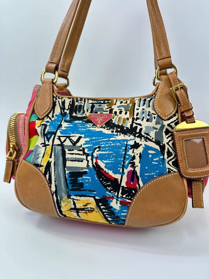 Prada multi-colour handbag featuring Venezia painting, leather and canvas material, vintage design.