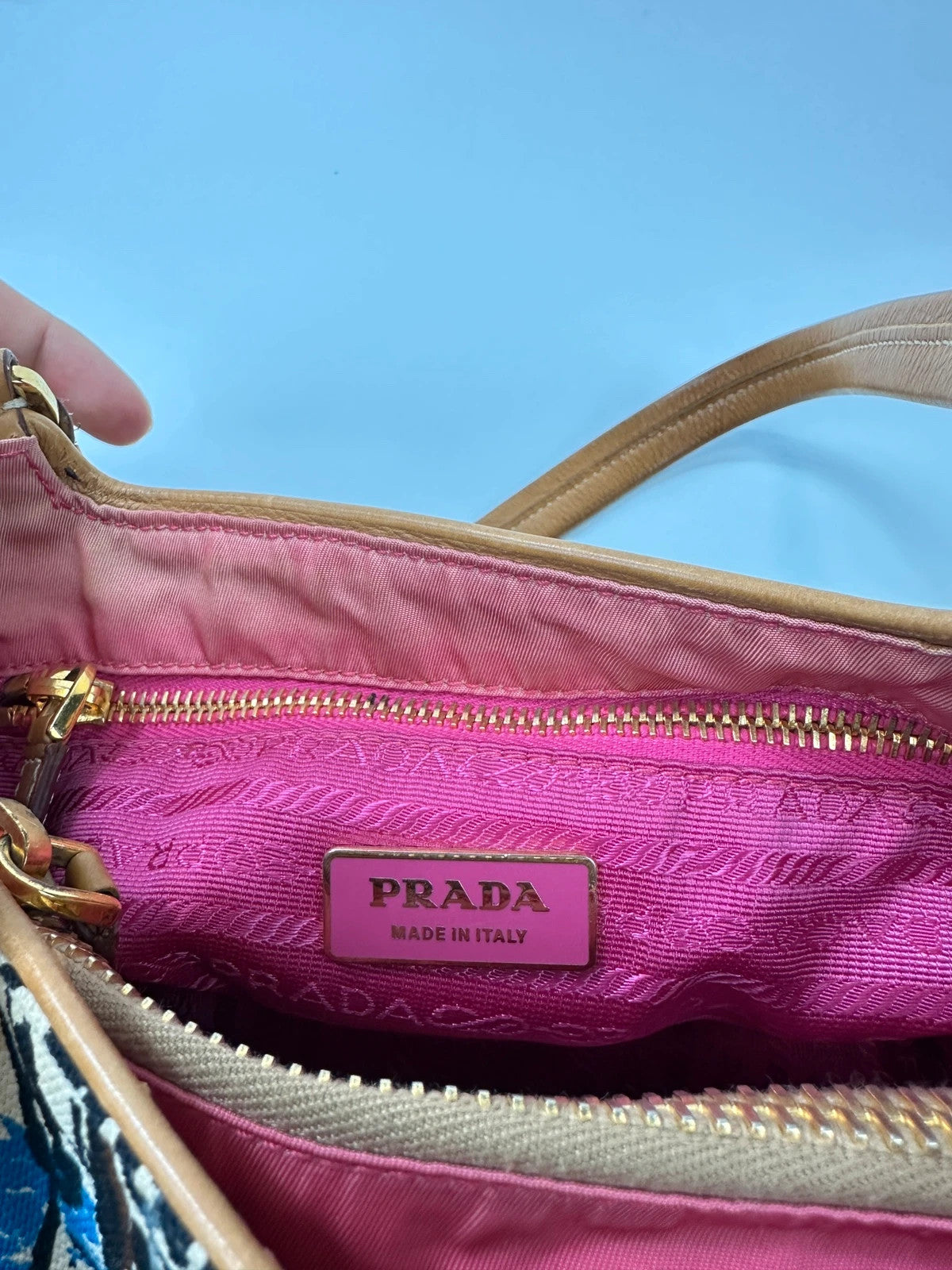 Prada multi-colour handbag featuring Venezia painting, leather and canvas material, vintage design.