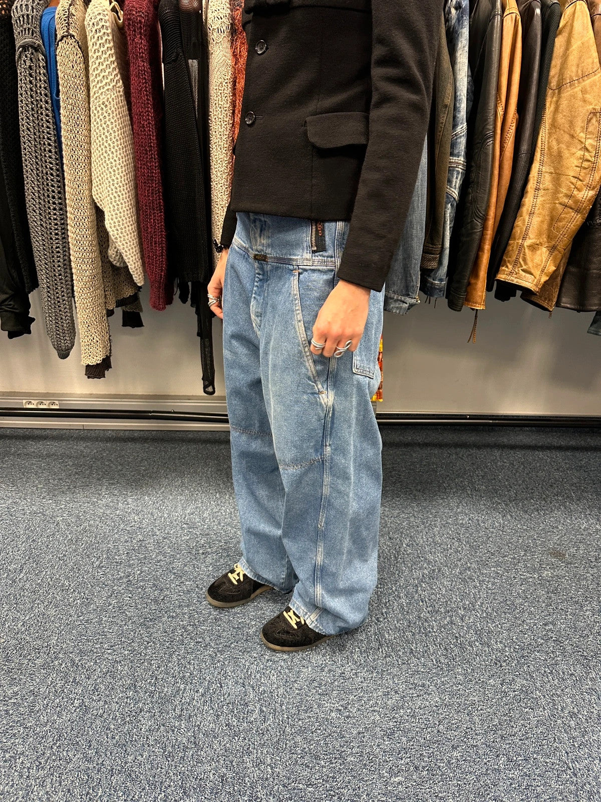 Marithé François Girbaud light blue high waisted wide leg jeans with stone washed finish.
