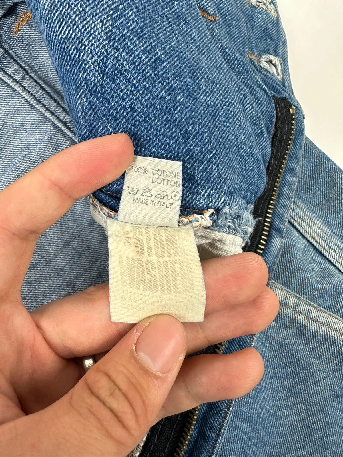 Marithé François Girbaud light blue high waisted wide leg jeans with stone washed finish.