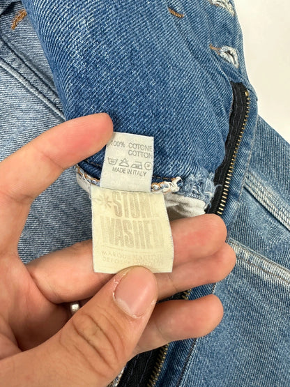 Marithé François Girbaud light blue high waisted wide leg jeans with stone washed finish.