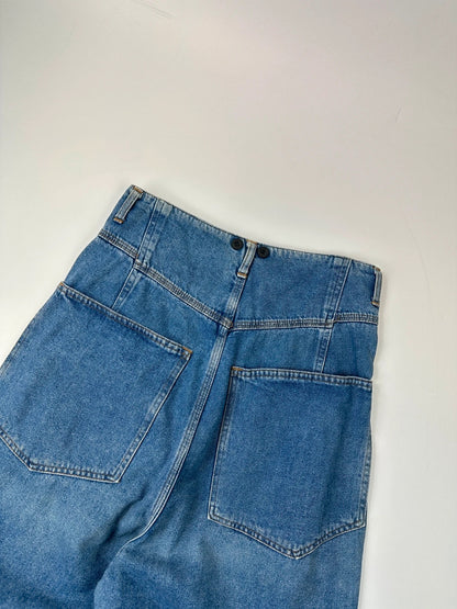 Marithé François Girbaud light blue high waisted wide leg jeans with stone washed finish.