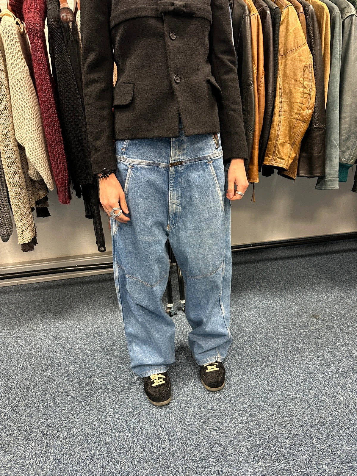 Marithé François Girbaud light blue high waisted wide leg jeans with stone washed finish.