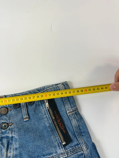 Marithé François Girbaud light blue high waisted wide leg jeans with stone washed finish.