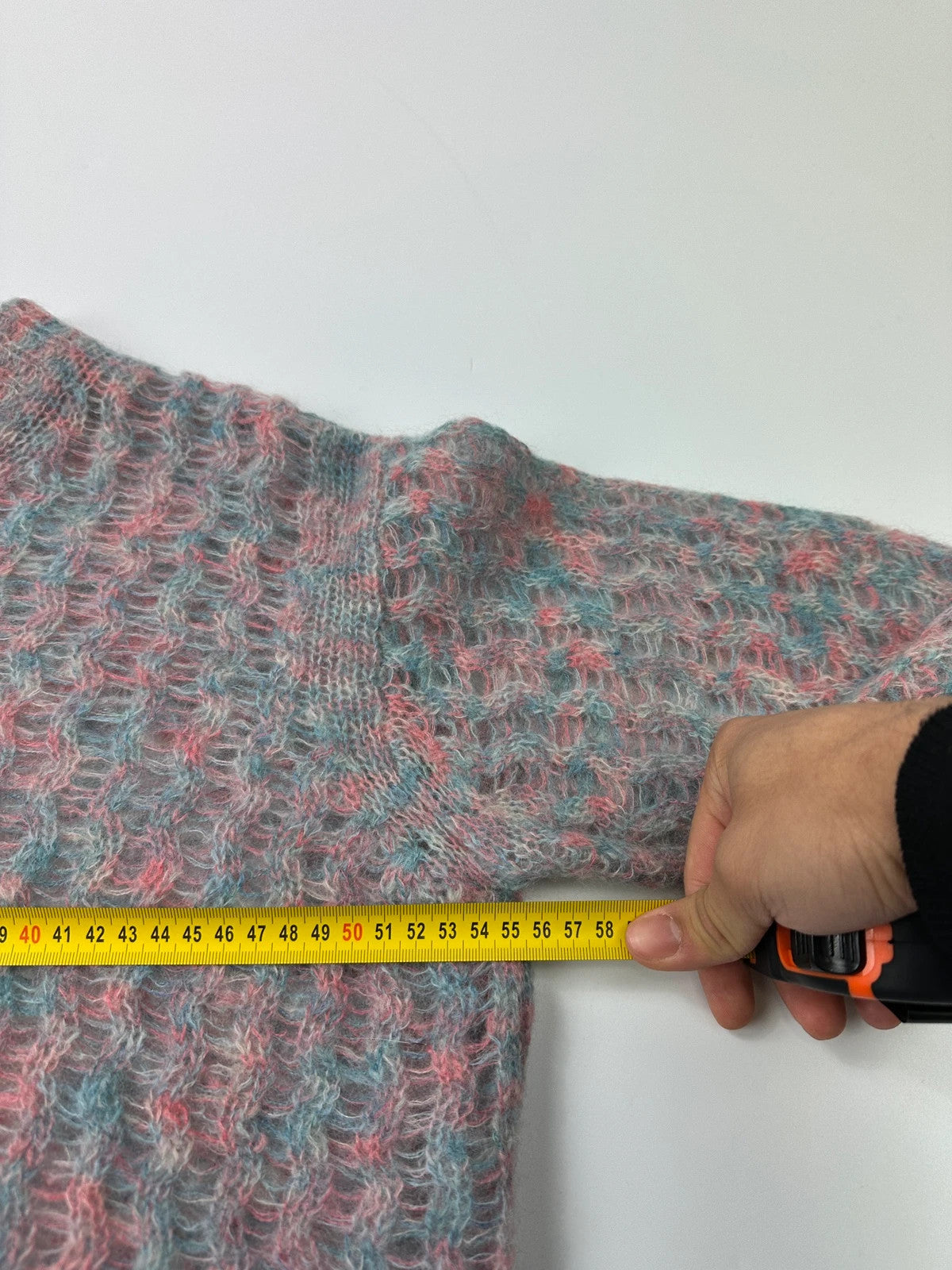 Acne Studios light blue and rose mohair knitted sweater with vintage 2000s design.