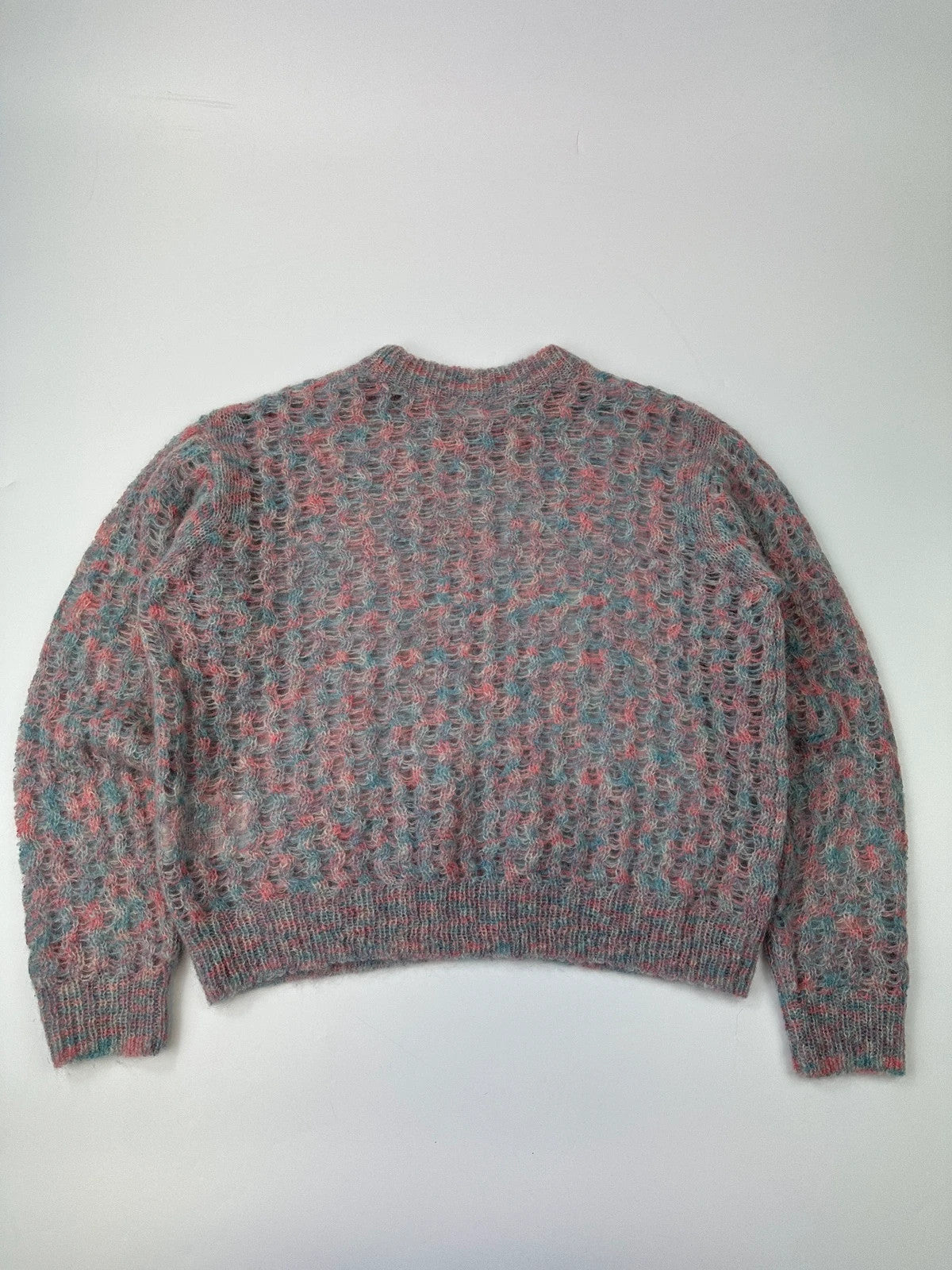 Acne Studios light blue and rose mohair knitted sweater with vintage 2000s design.