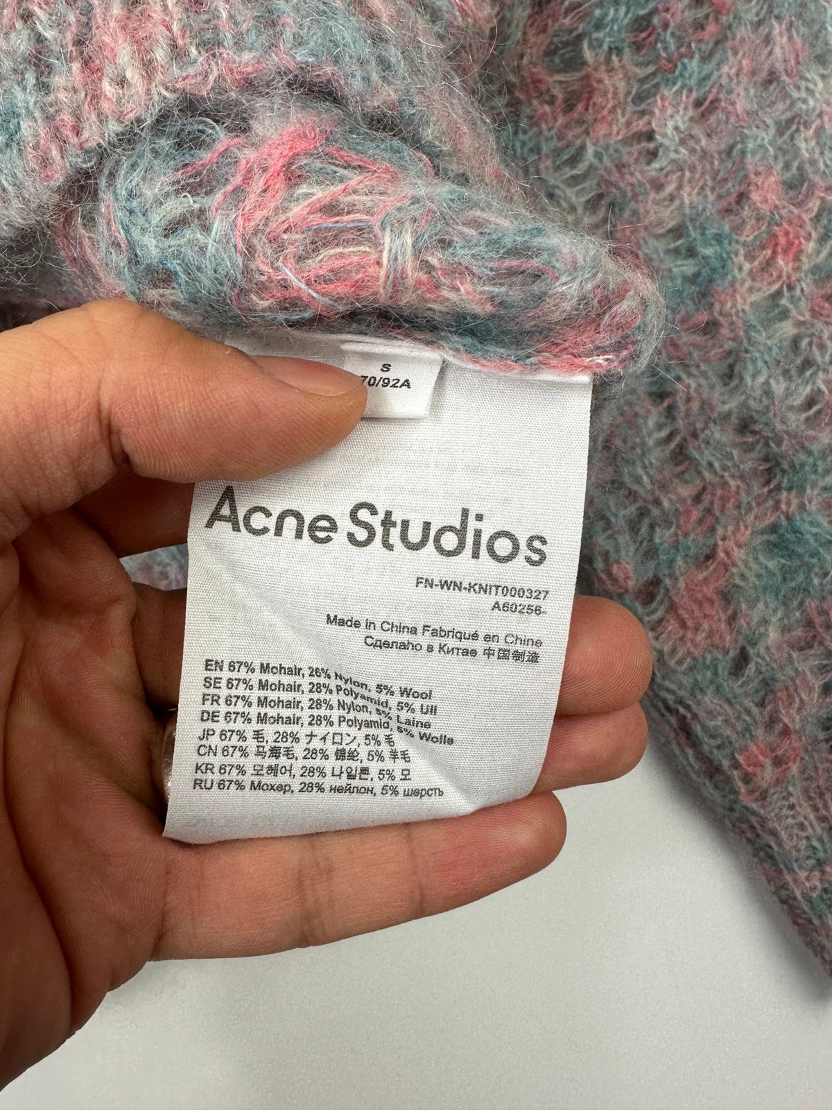 Acne Studios light blue and rose mohair knitted sweater with vintage 2000s design.