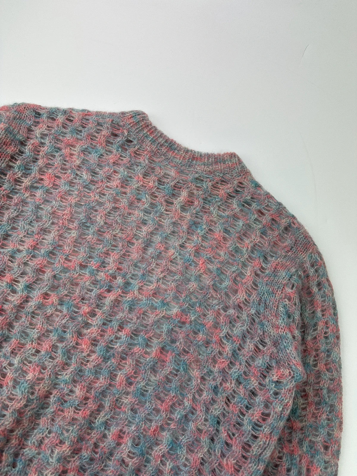 Acne Studios light blue and rose mohair knitted sweater with vintage 2000s design.