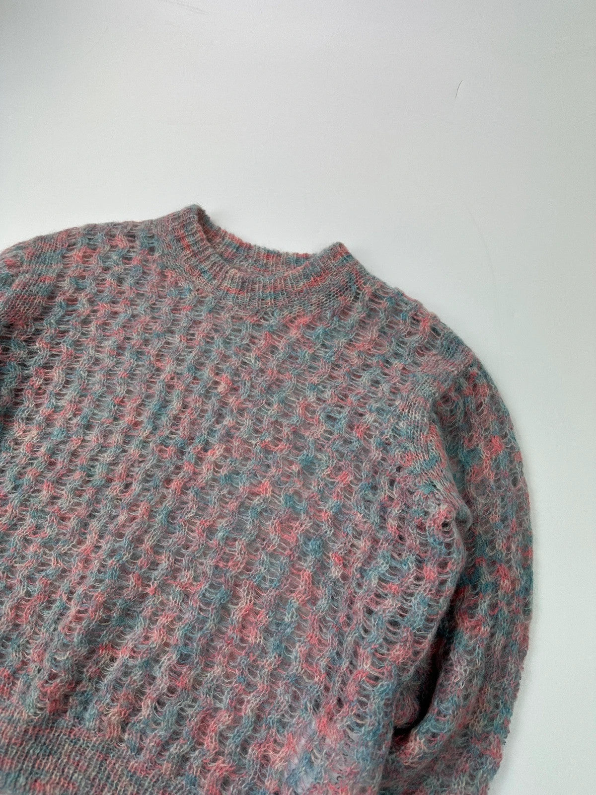 Acne Studios light blue and rose mohair knitted sweater with vintage 2000s design.