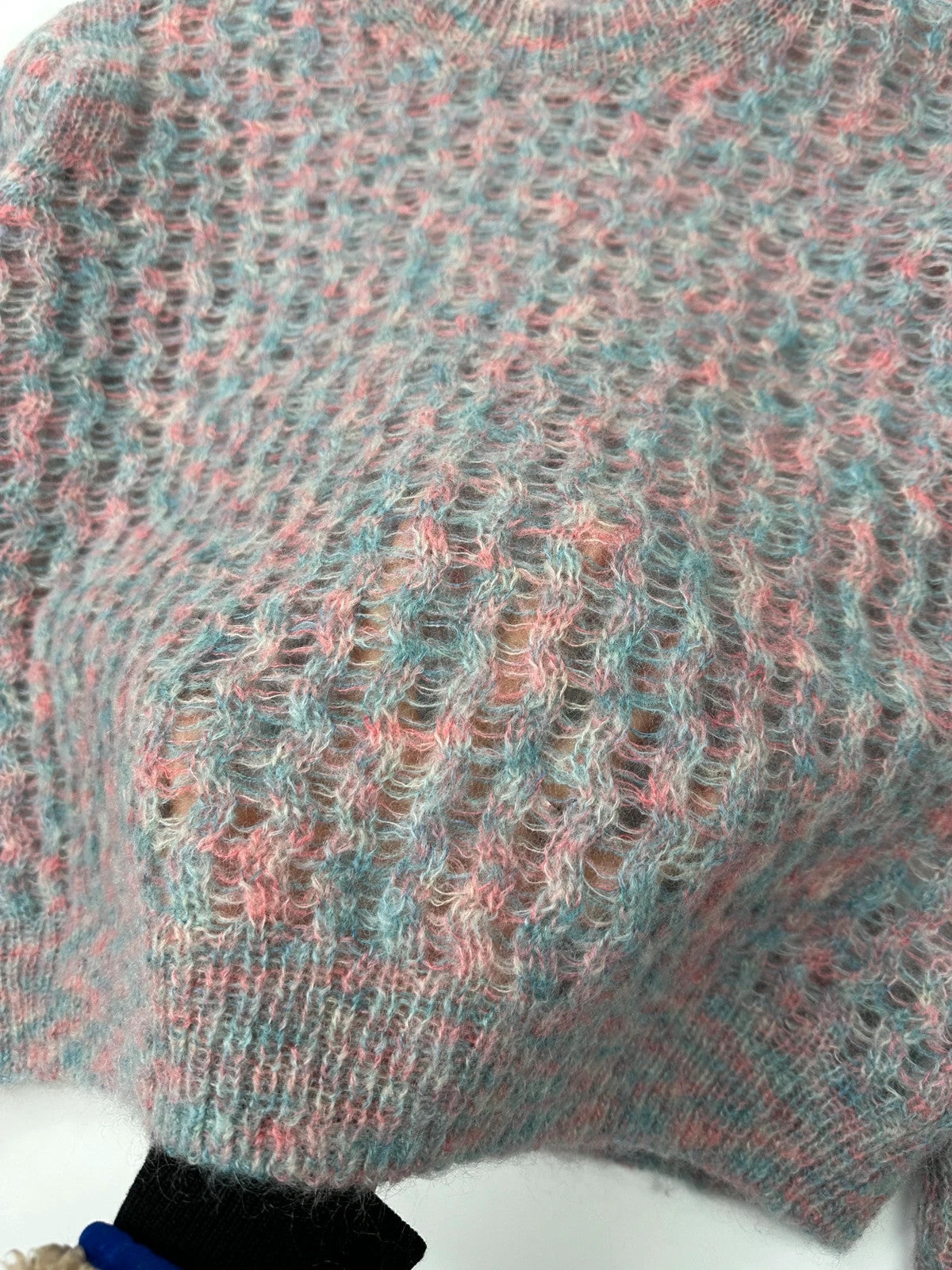 Acne Studios light blue and rose mohair knitted sweater with vintage 2000s design.
