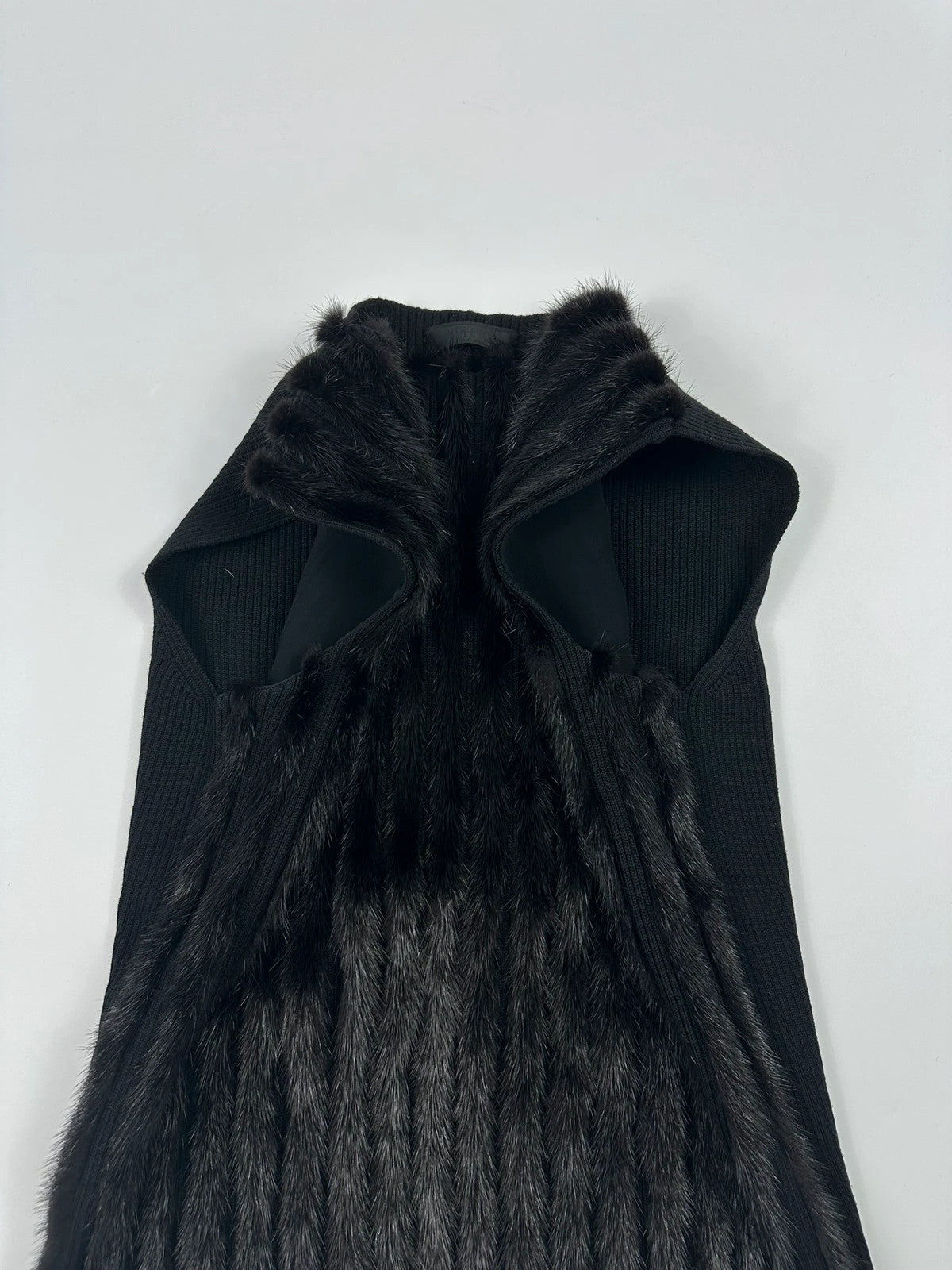 Prada black mink fur and wool tank top vest with minimalist design.