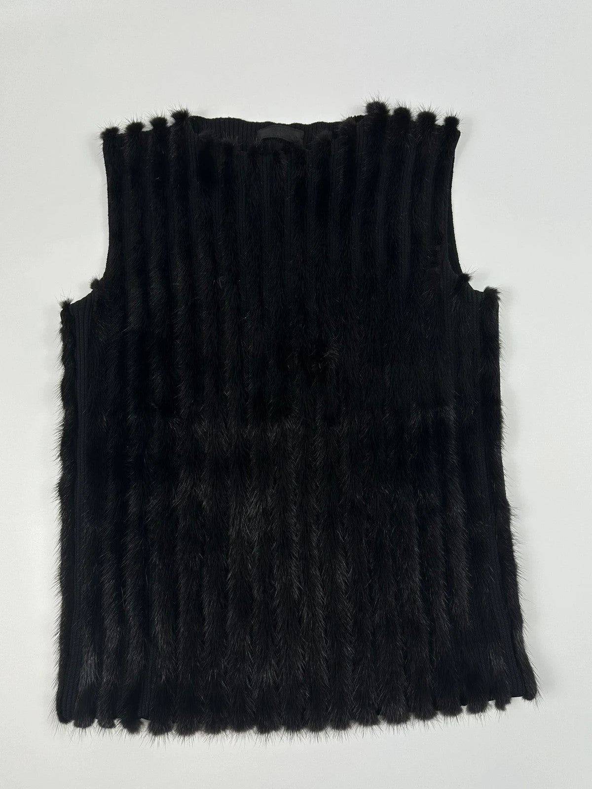 Prada black mink fur and wool tank top vest with minimalist design.