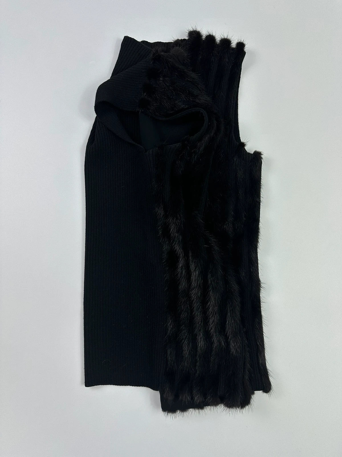 Prada black mink fur and wool tank top vest with minimalist design.
