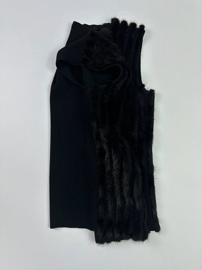 Prada black mink fur and wool tank top vest with minimalist design.