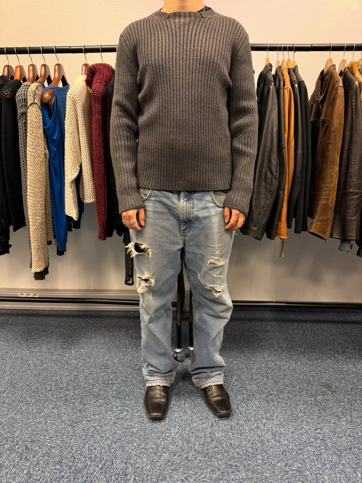 Prada grey ribbed wool knit sweater with elbow seam detailing from FW2004 collection.