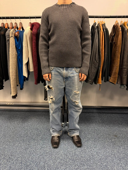Prada grey ribbed wool knit sweater with elbow seam detailing from FW2004 collection.