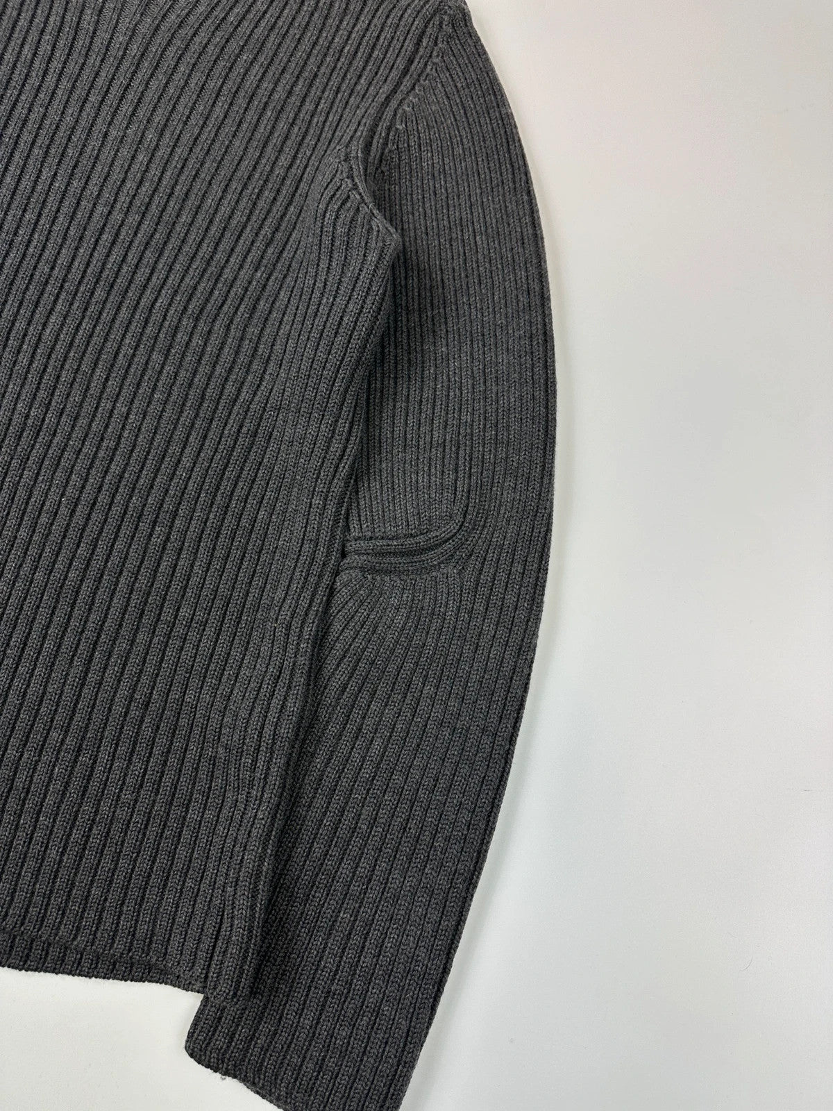Prada grey ribbed wool knit sweater with elbow seam detailing from FW2004 collection.