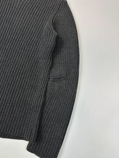 Prada grey ribbed wool knit sweater with elbow seam detailing from FW2004 collection.