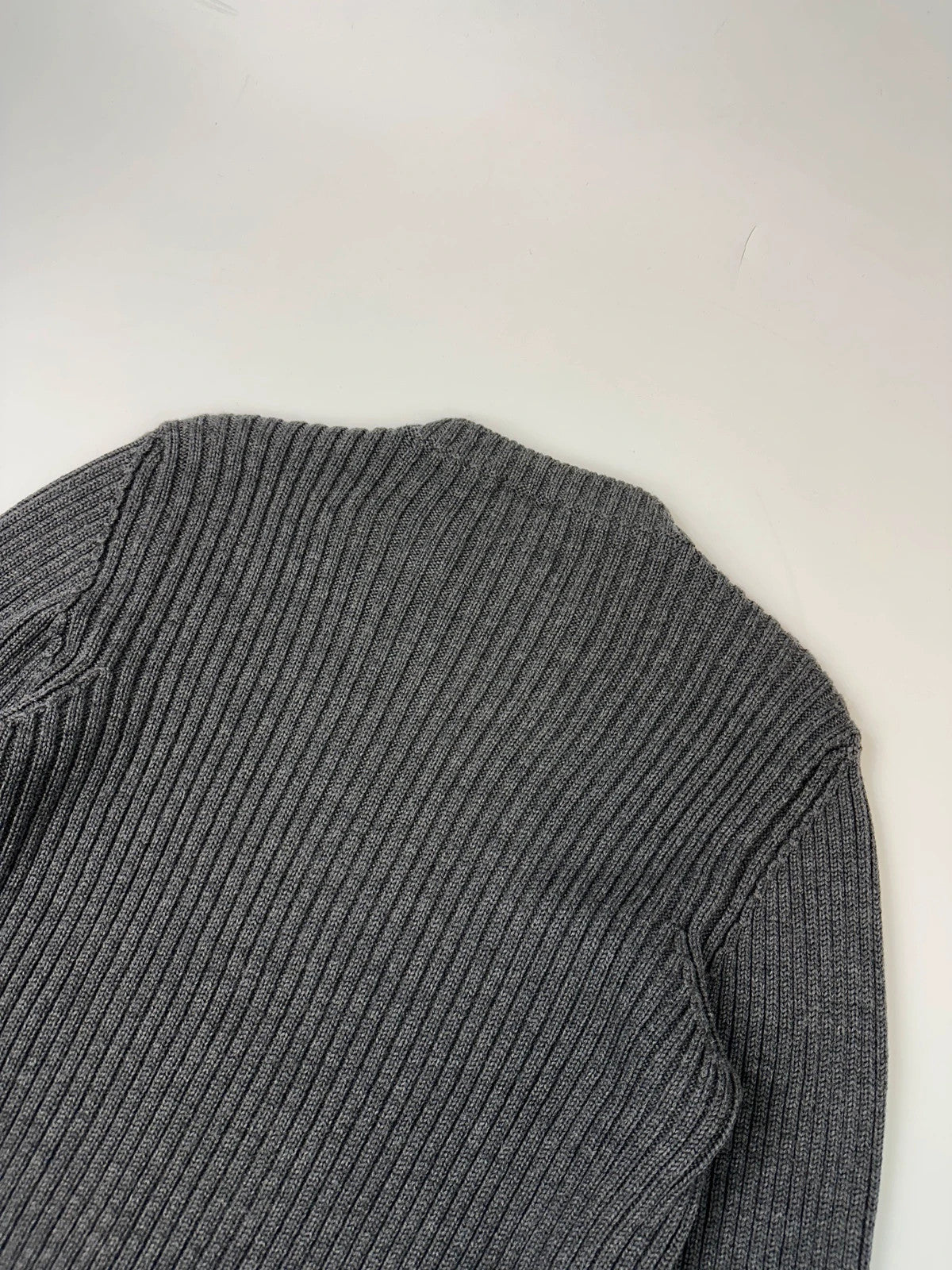 Prada grey ribbed wool knit sweater with elbow seam detailing from FW2004 collection.