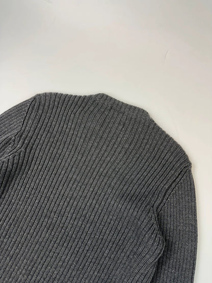 Prada grey ribbed wool knit sweater with elbow seam detailing from FW2004 collection.
