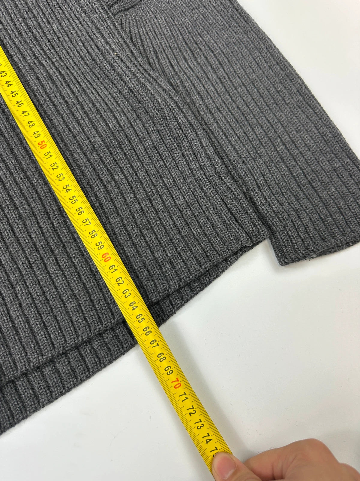 Prada grey ribbed wool knit sweater with elbow seam detailing from FW2004 collection.
