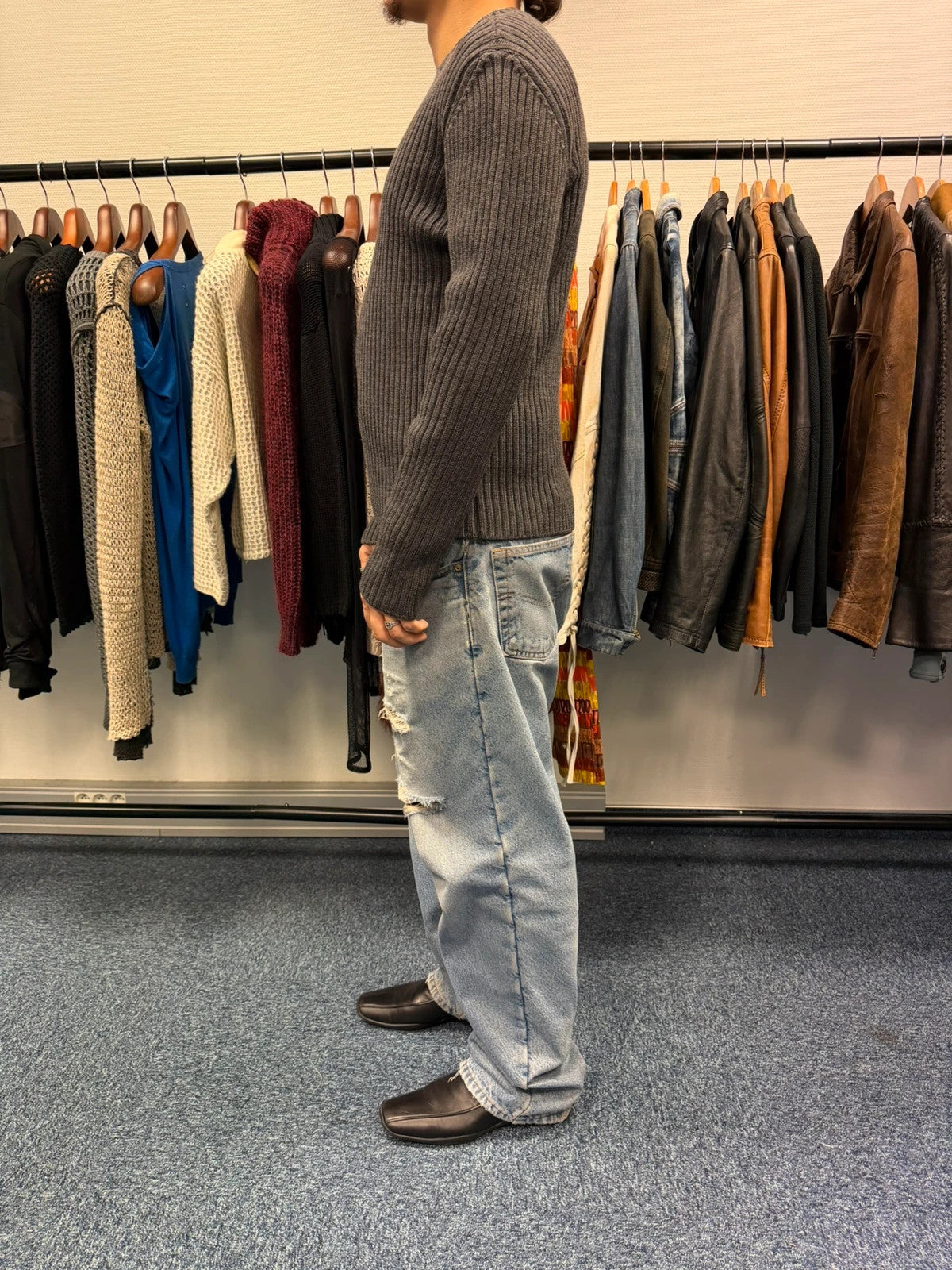 Prada grey ribbed wool knit sweater with elbow seam detailing from FW2004 collection.