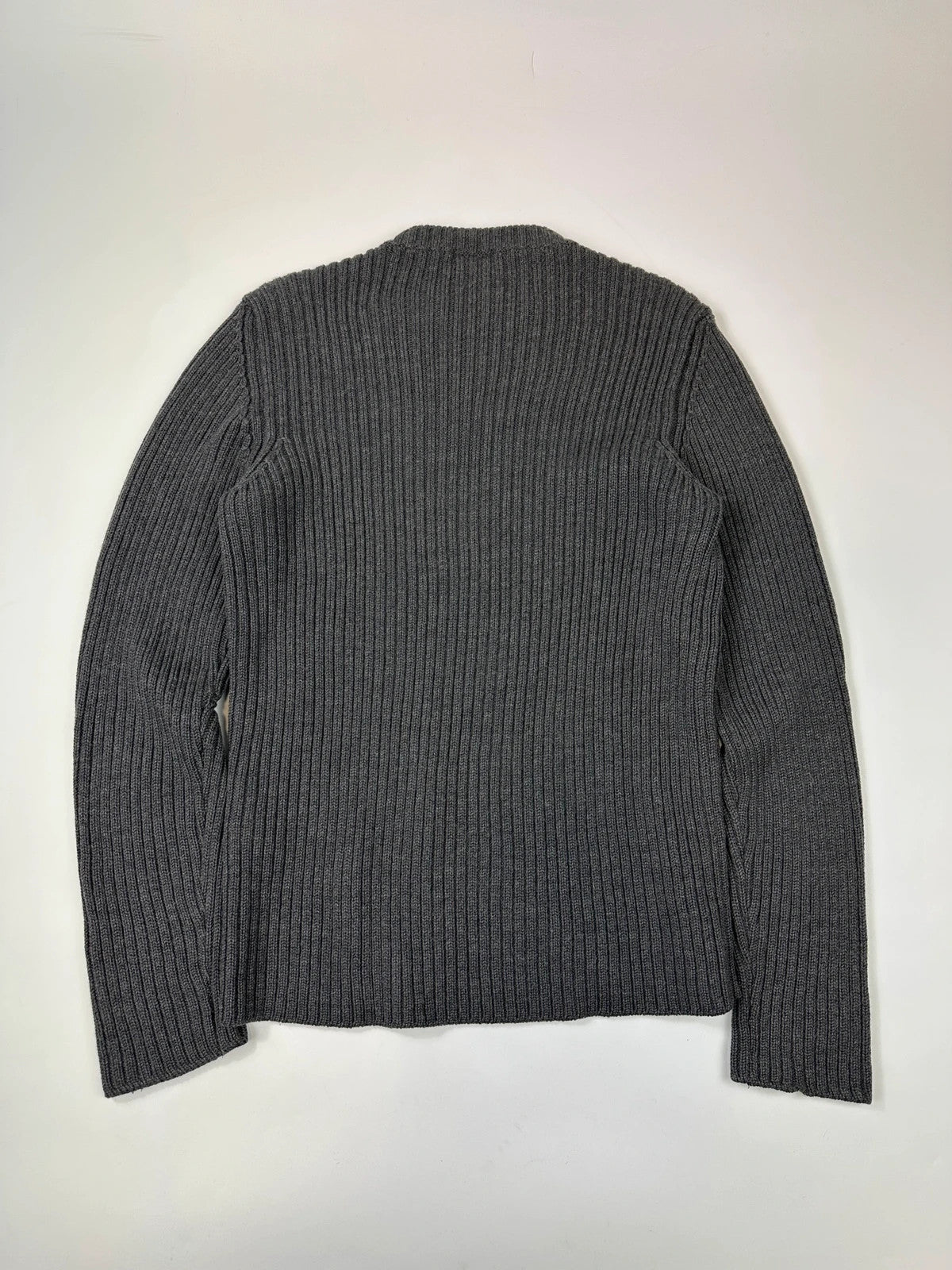 Prada grey ribbed wool knit sweater with elbow seam detailing from FW2004 collection.