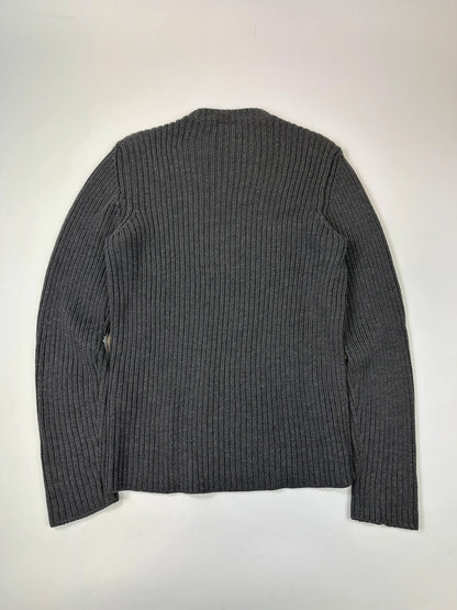 Prada grey ribbed wool knit sweater with elbow seam detailing from FW2004 collection.