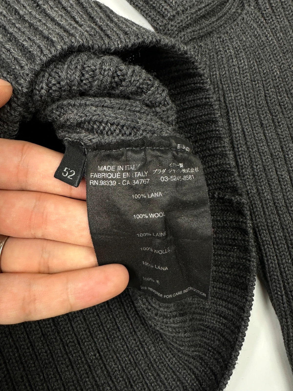 Prada grey ribbed wool knit sweater with elbow seam detailing from FW2004 collection.
