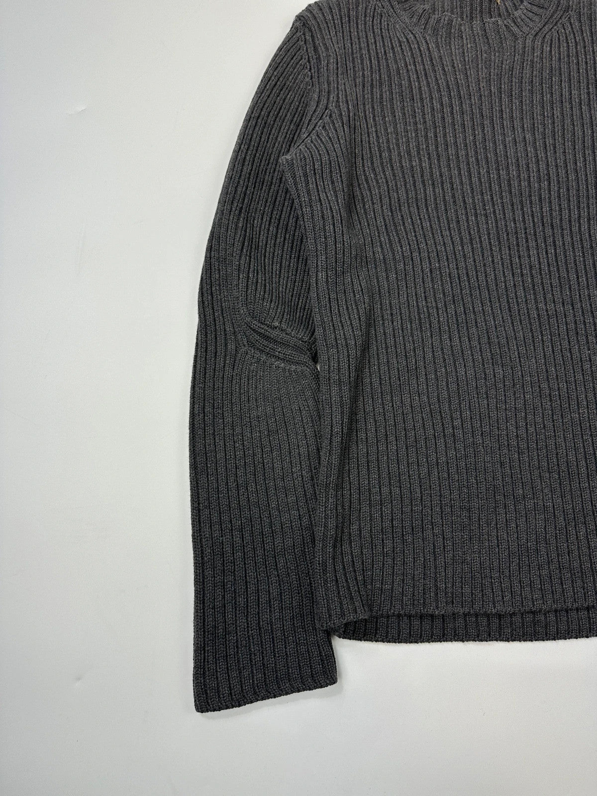 Prada grey ribbed wool knit sweater with elbow seam detailing from FW2004 collection.