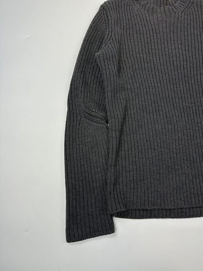 Prada grey ribbed wool knit sweater with elbow seam detailing from FW2004 collection.