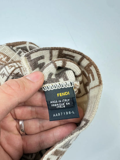 Fendi beige brown beanie featuring iconic monogram pattern and soft wool material.