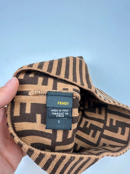 Fendi brown and mustard wool beanie featuring iconic FF monogram pattern.