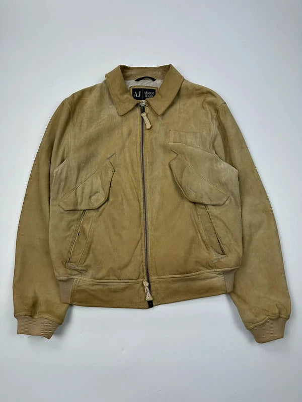 Armani Jeans beige suede bomber jacket with cargo pockets and vintage 90s design.