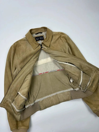 Armani Jeans beige suede bomber jacket with cargo pockets and vintage 90s design.