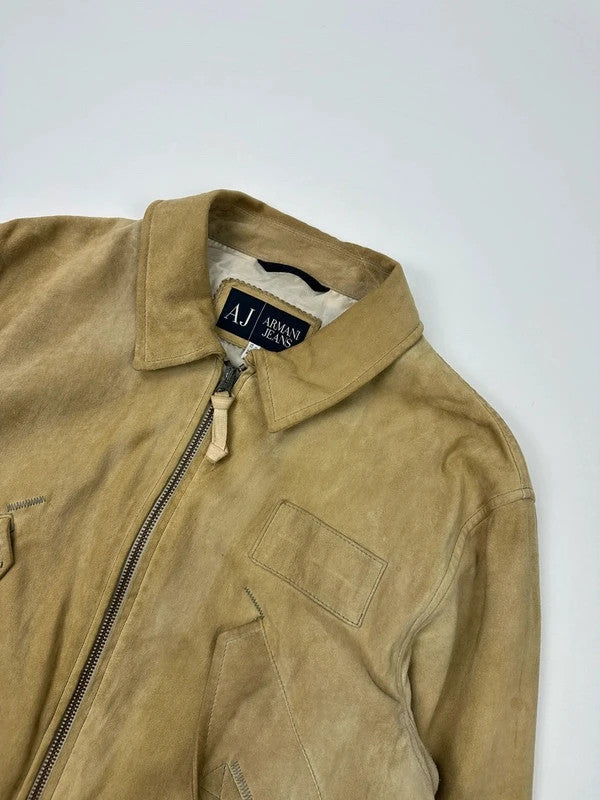 Armani Jeans beige suede bomber jacket with cargo pockets and vintage 90s design.