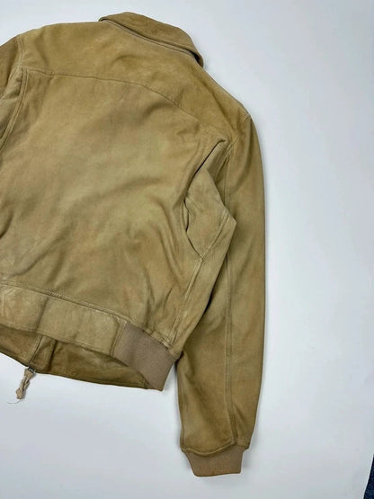 Armani Jeans beige suede bomber jacket with cargo pockets and vintage 90s design.